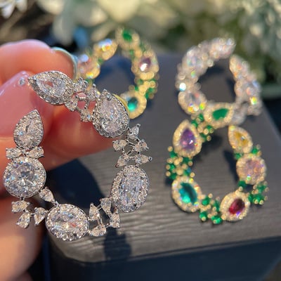 Sparkly Diamond Cluster Stud Pear Shape Earrings Crystal Silver Circle Hair Jewelry