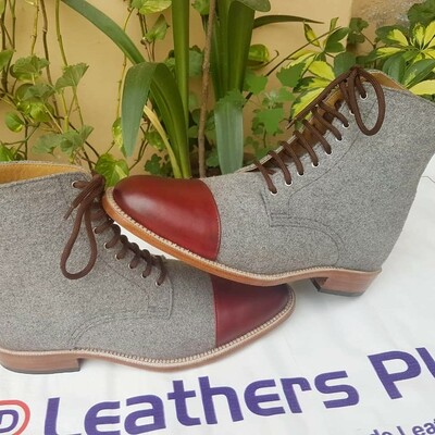 Crafted Leather Handmade Men Brown Leather and Tweed Lace Ankle High Boot