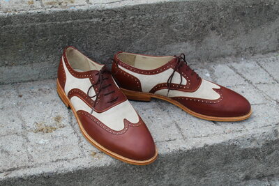 Crafted Leather Handmade Mens Classic Brown Beige Oxford Wingtip Dress Shoes