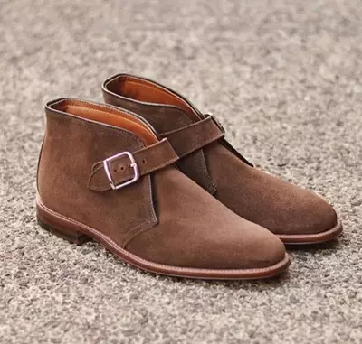 Handmade Bespoke Elegant Brown Suede Buckle Ankle High Shoes for Men
