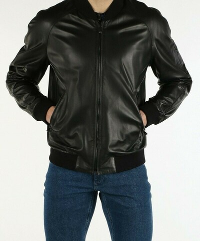 Mens Genuine Lambskin Black Leather Jacket Bomber