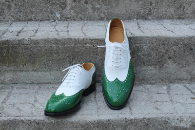 Crafted Leather Handmade Men Classic Green / White Leather Dress Oxford Lace up Formal Shoes
