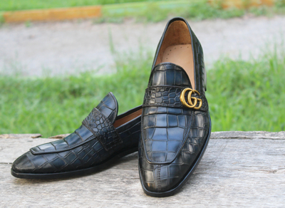 Crafted Leather Handmade Classic Blue Crocodile/Alligator Leather Loafer Moccasin Slip Ons Stylish Shoes