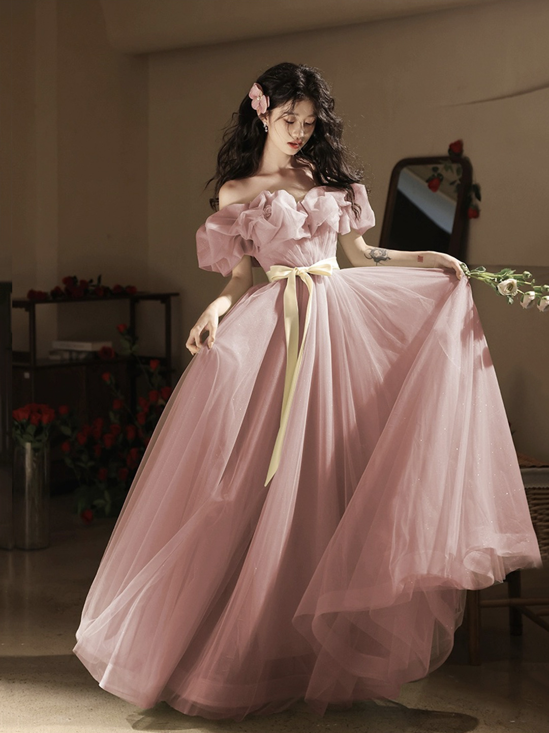 Pink Tulle Floor Length Prom Dress, Off the Shoulder Evening Party Dress