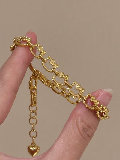 Gold Hollow Lock Heart Tassel Kitty Cat Bracelet
