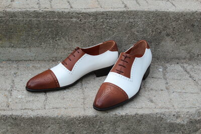 Crafted Leather Handmade Classic Brown White Leather Oxfords Dress Shoes