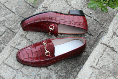 Crafted Leather Luxury Handmade Burgundy Patina Leather Crocodile Texture Dress Shoes