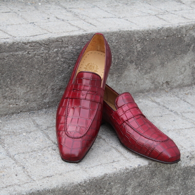 Crafted leather handmade burgundy crocodile moccasin loafers formal shoes - Thumbnail 4
