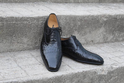 Crafted Leather Black Ostrich Leather Oxford Lace up Dress Shoes