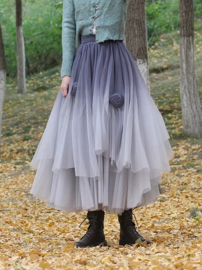 Gray Tulle Midi Skirt Outfit Women Ruffle Midi Tulle Skirt Wedding Outfit Party Skirt Plus Size Custom