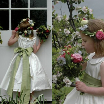 Ankle Length Flower Girl Dresses with Sage Sash