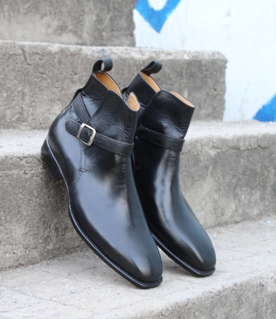 Crafted Leather Handmade Black Buckle Strap Jodhpur Ankle High Boot