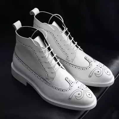NEW New Men Handmade Ankle High White Leather Lace Up Wing Tip & Brogue Boots
