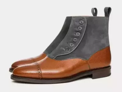 New Men Button Boot Brown Gray Cap Toe Style Handmade