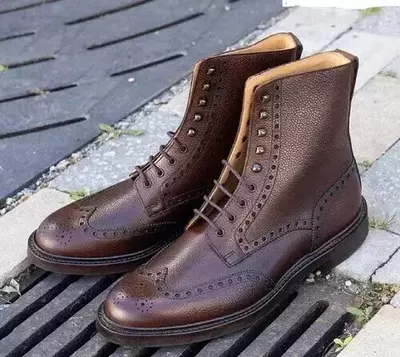 Men's Handmade Brown leather Wingtip Ankle Boots, Dress Formal Boots For Men,