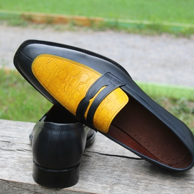 Crafted leather men blue leather yellow crocodile formal loafers dress shoes - Thumbnail 2