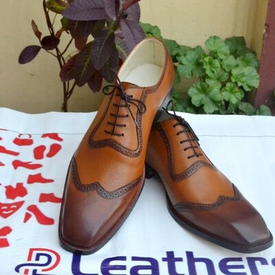 Crafted Leather New Men's Handmade Classic Wingtips Oxfords Brown Leather Custom Dress Shoes.