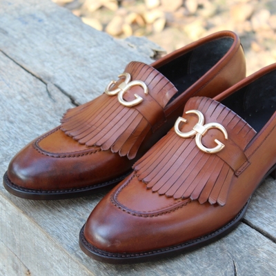 Crafted leather handmade fringes brown leather moccasin formal loafers dress shoes - Thumbnail 5