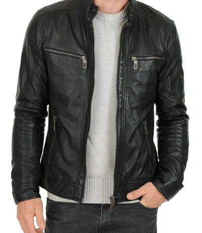 Mens Black Leather Jacket Motorcycle Genuine Lambskin Slim Fit Biker Jacket