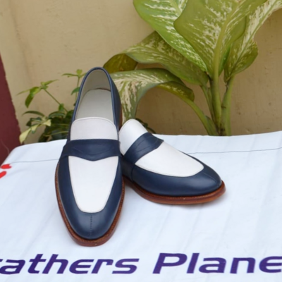 Crafted leather classic new blue white leather loafers style dress men shoes - Thumbnail 4