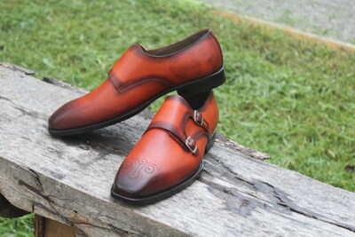Crafted Leather Classic Handmade Men's Tan Leather Monk Strap Dress Shoes