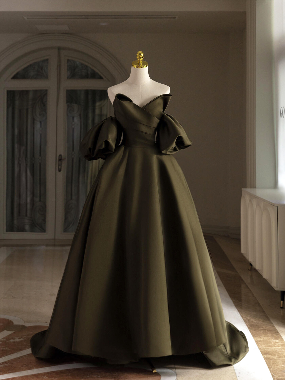 Dark Green Satin Floor Length Prom Dress