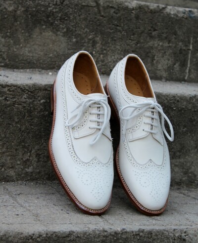 Crafted Leather Handmade Classic White Leather Wingtip Dress Lace up Shoes For Men
