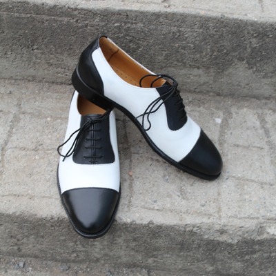 Crafted leather handmade mens classic black white oxford lace up dress shoes - Thumbnail 4