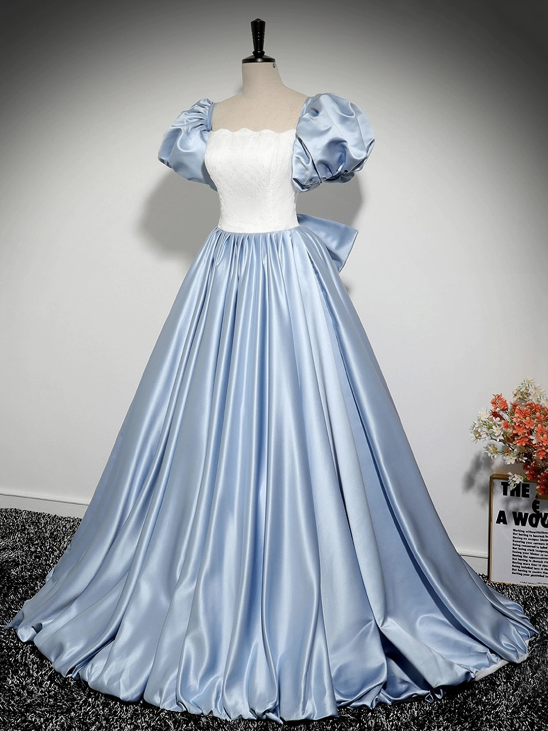 White and Blue Satin Long Prom Dress, Elegant A-Line Short Sleeve Evening Dress