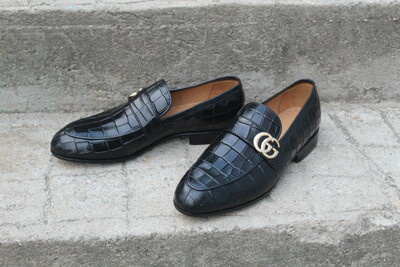 Crafted Leather Classic and Elegant Black Alligator / Crocodile Texture Leather Loafers Dress Shoes