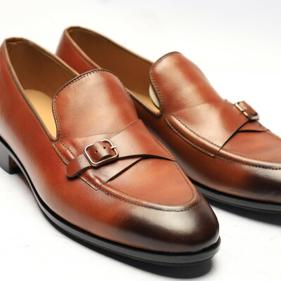 Crafted leather handmade brown loafers monk strap formal men dress shoes - Thumbnail 4