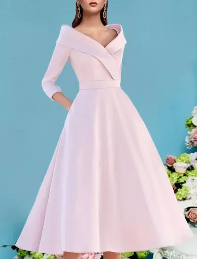 A-Line Mother of the Bride /Groom Dress Wedding Guest Vintage Elegant Pink V Neck Tea Length Satin 3/4 Length Sleev