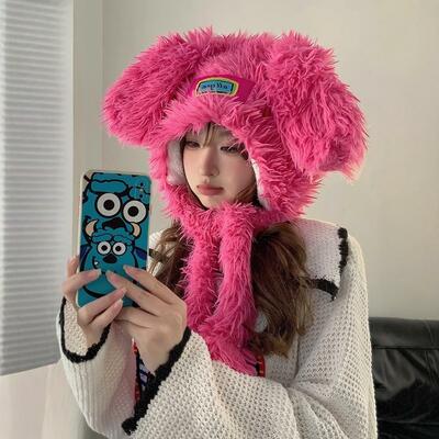 Fluffy Fuchsia Ears Warm Hat Cap
