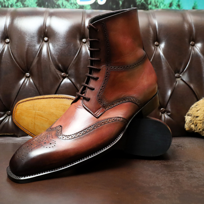Crafted leather classic dress shoes brown patina leather ankle high lace up wingtip boot - Thumbnail 5