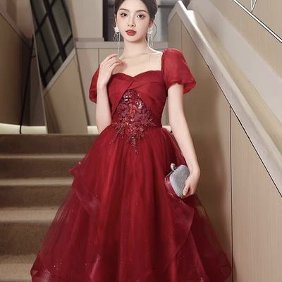 Burgundy tulle lace kenn length prom party dress - Thumbnail 1