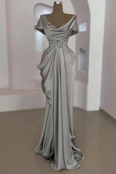 Mother Of The Bride Dresses A Line Sier Grey Cap Sleeves Satin Beaded Stones Ruffes Formal Godmother Evening Wedding Party Guests Gown