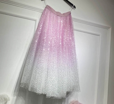 PINK Sequined Tulle Midi Skirt Outfit Women Sparkly Midi Tulle Skirt Wedding Party Outfit Plus Size Custom