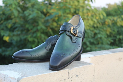 Crafted Leather Handmade Men Green Leather Oxford Formal Monk Strap Dress Shoes