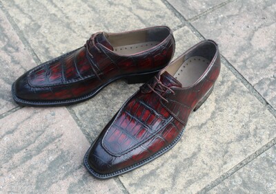 Crafted Leather Oxford in Burgundy Patina Crocodile/Alligator Lace up Dress Shoes