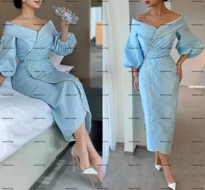 Dubai Sky Blue Midi Arabic Mother of The Bride /Groom Dresses Long Sleeve Luxury Beaded Tea Length Mother Formal Occasion dress wear