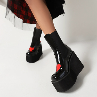 Red Heart Platform Mid Boots In Black