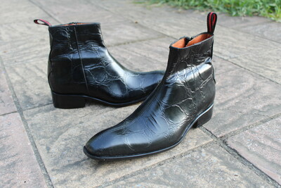 Crafted Leather Classic Handmade Black Crocodile Leather Side Zipper Jodhpur Boot