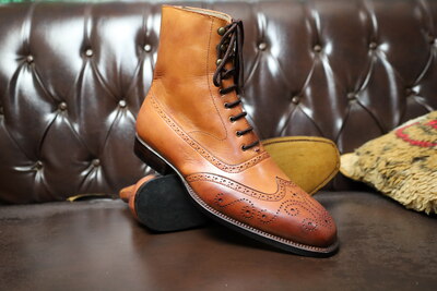 Crafted Leather Classic Handmade Brown Ankle Budapest High Lace up Boot