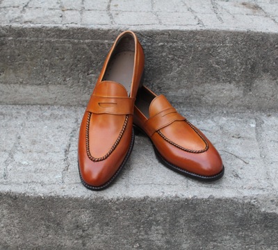 Crafted Leather Bespoke Classic Brown Leather Moccasin Loafer Formal Mens Shoes