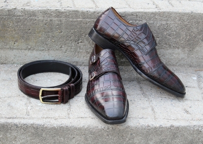 Crafted Leather Classic Handmade Dark Brown Crocodile Texture Leather Dress Shoes with Matching Belt