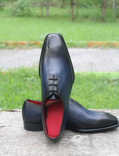 Crafted Leather Classic & Simple Blue Leather Oxford Lace up Dress Shoes