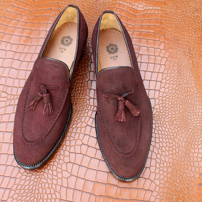 Crafted leather handmade men classic tassels loafers maroon suede leather dress shoes - Thumbnail 4