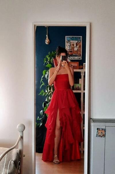 A Line Tiered Burgundy Prom Dresses With Slit