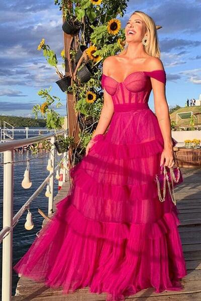 Sweetheart Hot Pink A Line Multi Layers Tulle Formal Prom Dresses