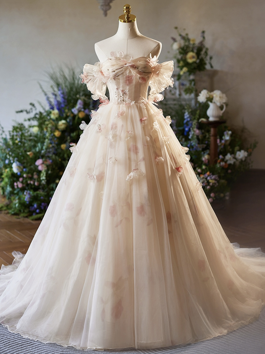 Champagne Floral Tulle Floor Length Prom Party Dress